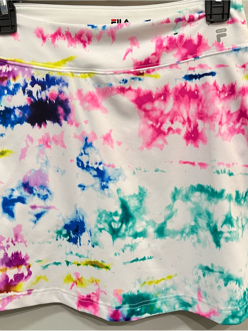 FILA Women's White Tie-Dye Athletic Skort with Pink, Blue & Green Accents